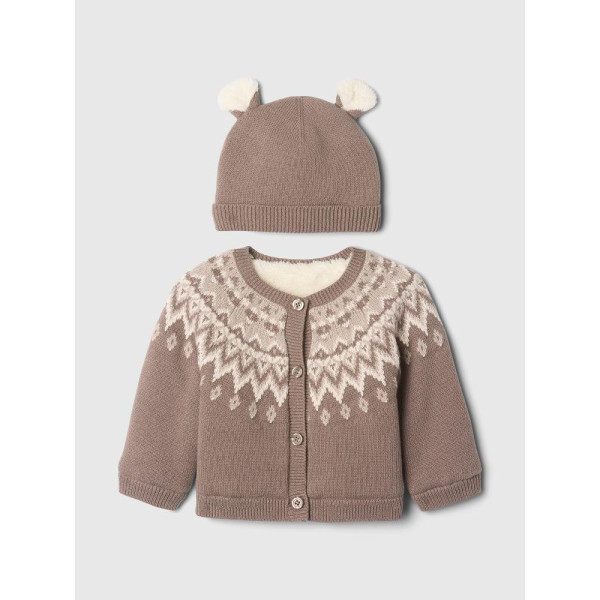 GAP - Baby set kardiganu a čepice Fair Isle - Hnědá